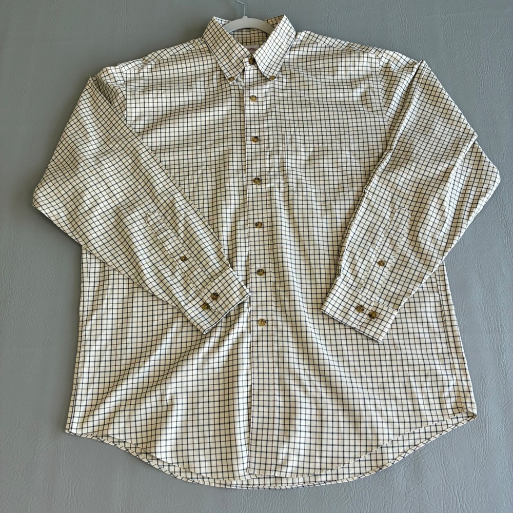 Brooks Brothers Men's L Non-Iron Cotton Button Down Shirt Tan Check Long Sleeve